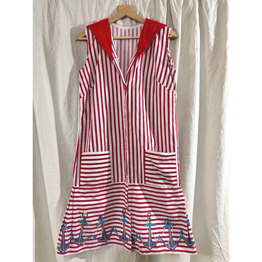 Vintage 90s Handmade Nautical Sailor Dress Red White Stripe Anchor Medium